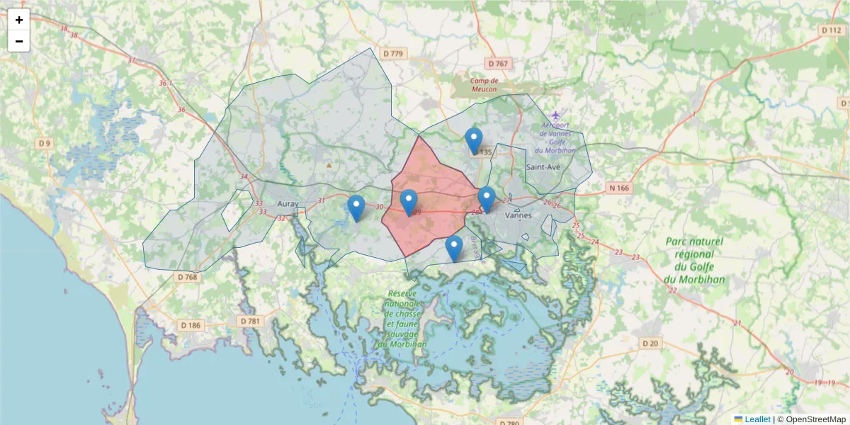 Carte de la zone du code postal  et des codes postaux voisins en France