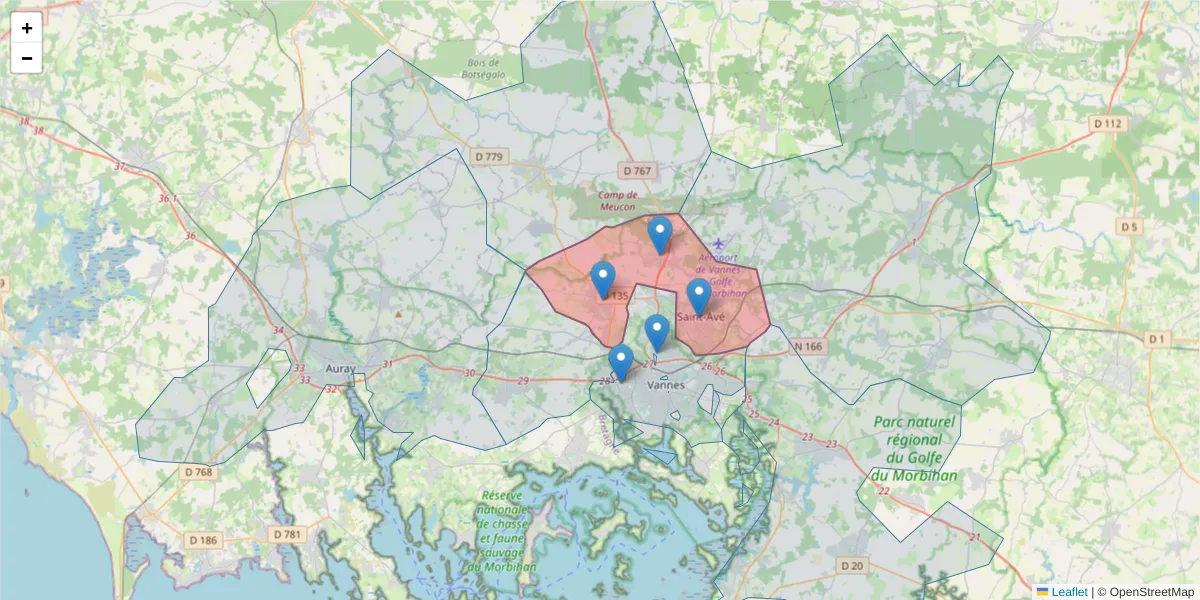 Carte de la zone du code postal  et des codes postaux voisins en France