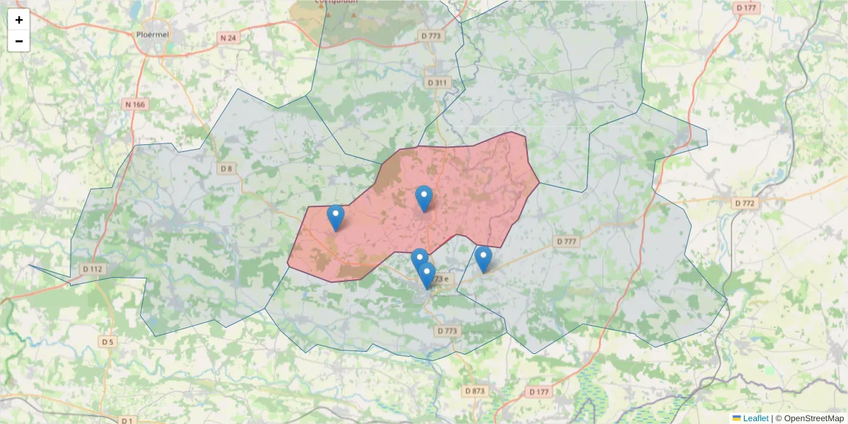 Carte de la zone du code postal  et des codes postaux voisins en France