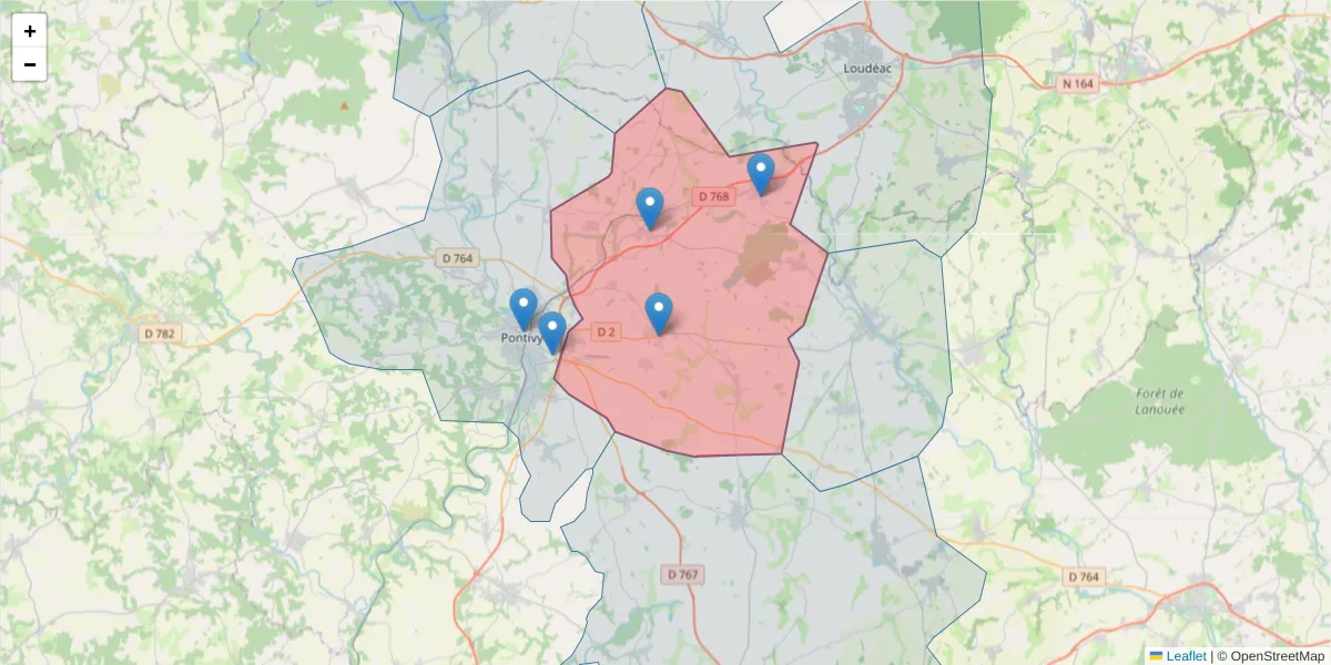 Carte de la zone du code postal  et des codes postaux voisins en France