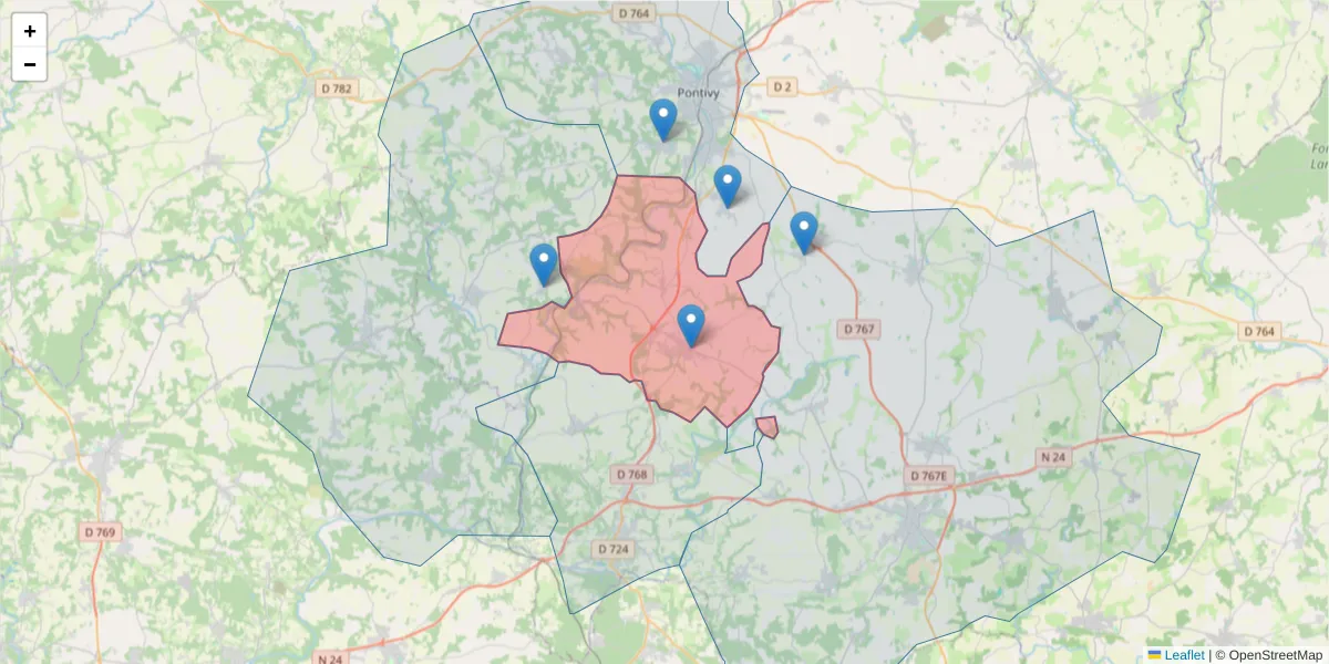 Carte de la zone du code postal  et des codes postaux voisins en France