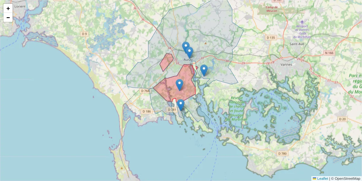 Carte de la zone du code postal  et des codes postaux voisins en France