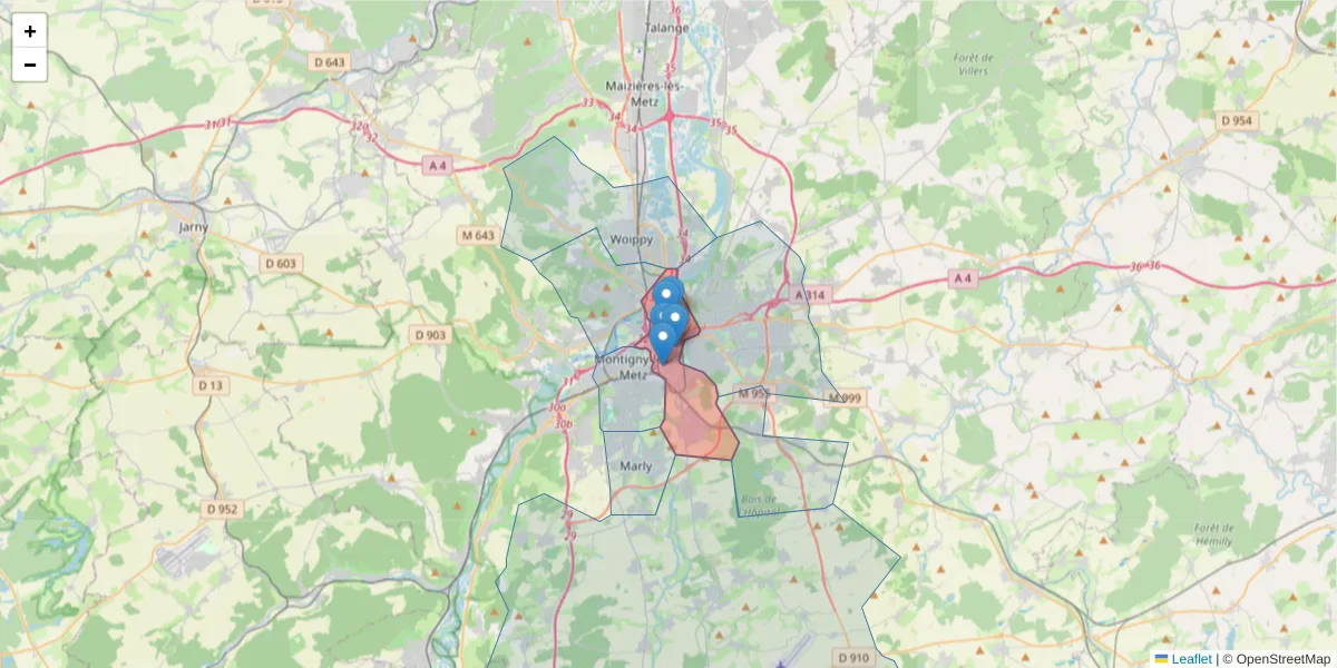 Carte de la zone du code postal  et des codes postaux voisins en France