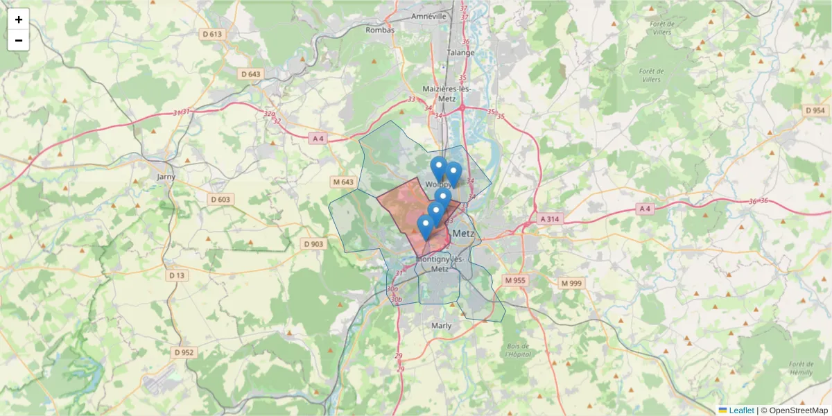 Carte de la zone du code postal  et des codes postaux voisins en France