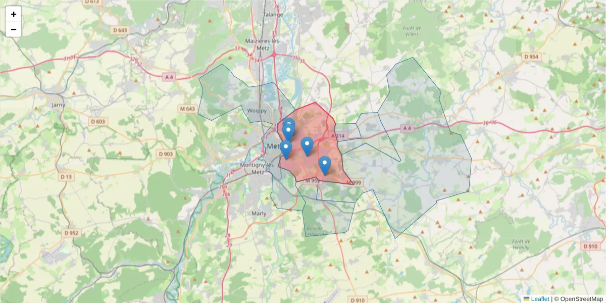 Carte de la zone du code postal  et des codes postaux voisins en France