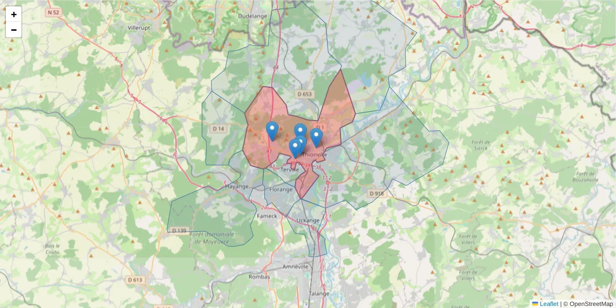 Carte de la zone du code postal  et des codes postaux voisins en France