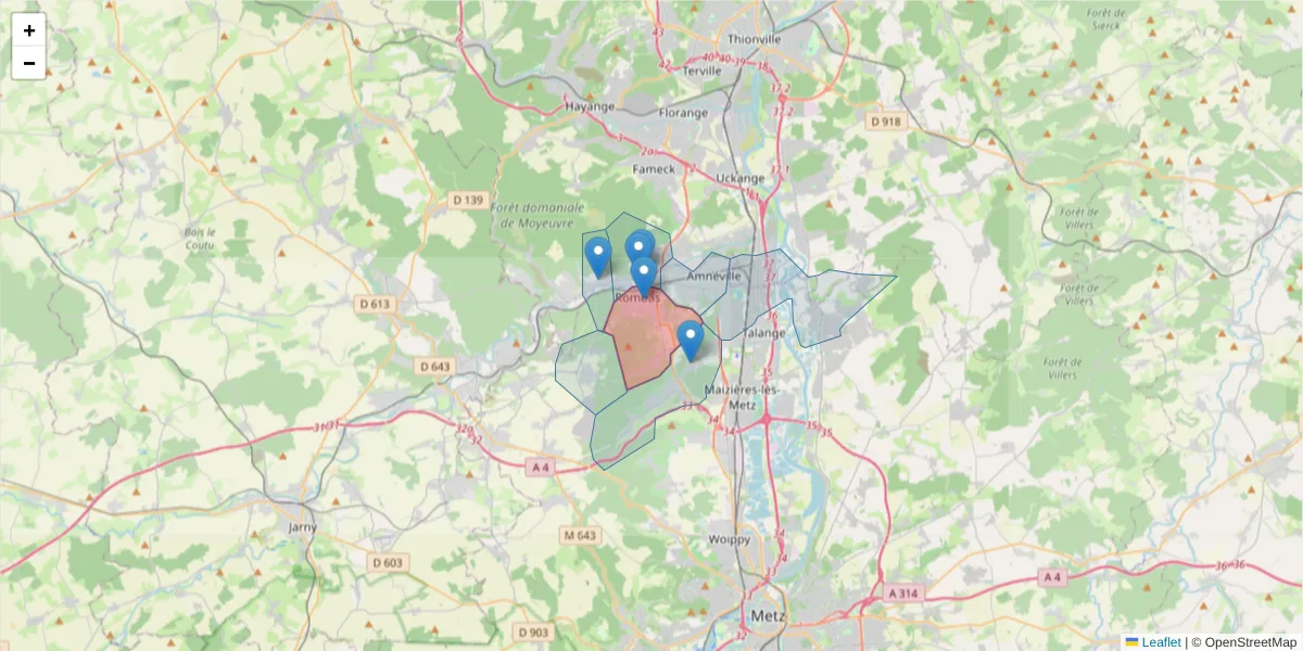 Carte de la zone du code postal  et des codes postaux voisins en France
