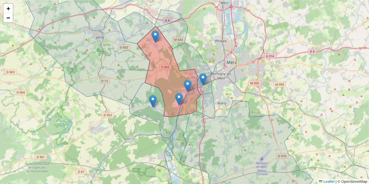 Carte de la zone du code postal  et des codes postaux voisins en France