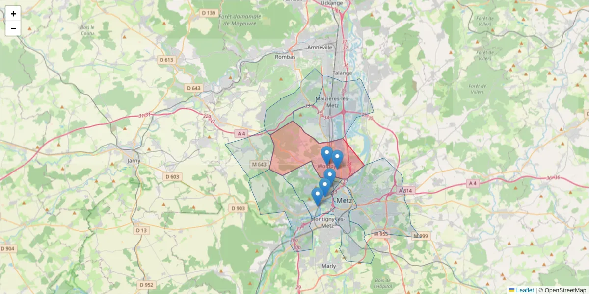 Carte de la zone du code postal  et des codes postaux voisins en France