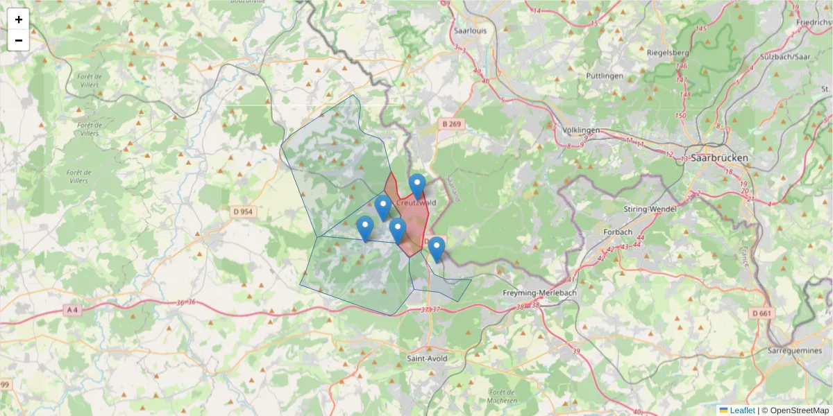 Carte de la zone du code postal  et des codes postaux voisins en France