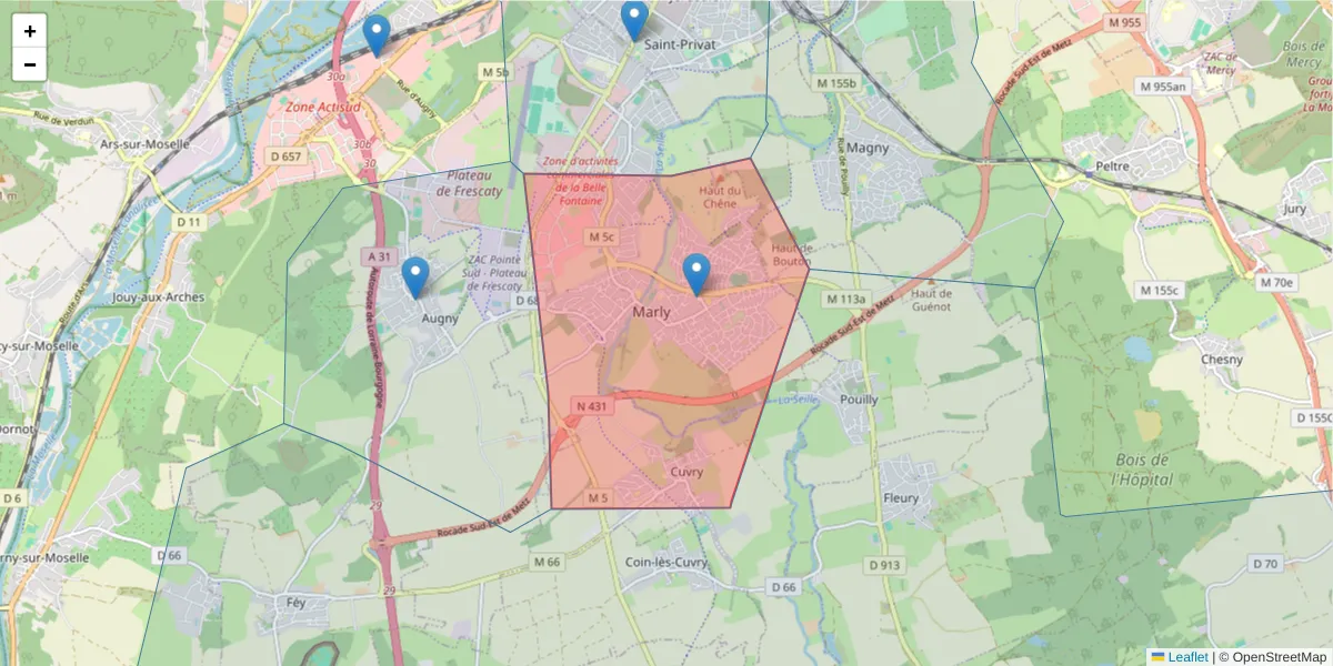 Carte de la zone du code postal  et des codes postaux voisins en France