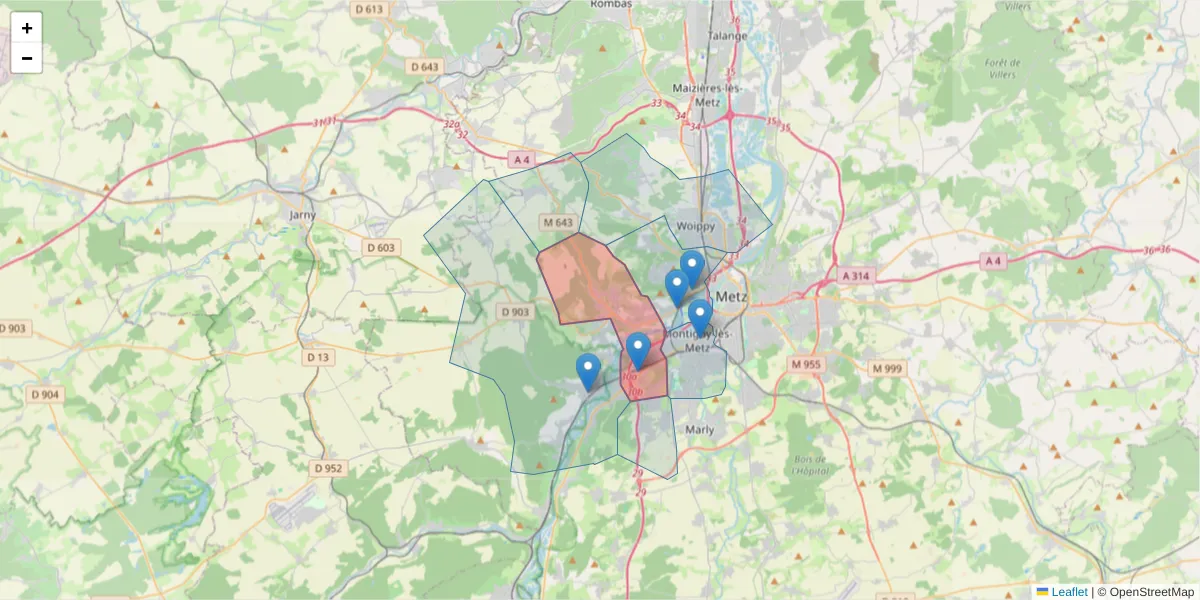 Carte de la zone du code postal  et des codes postaux voisins en France