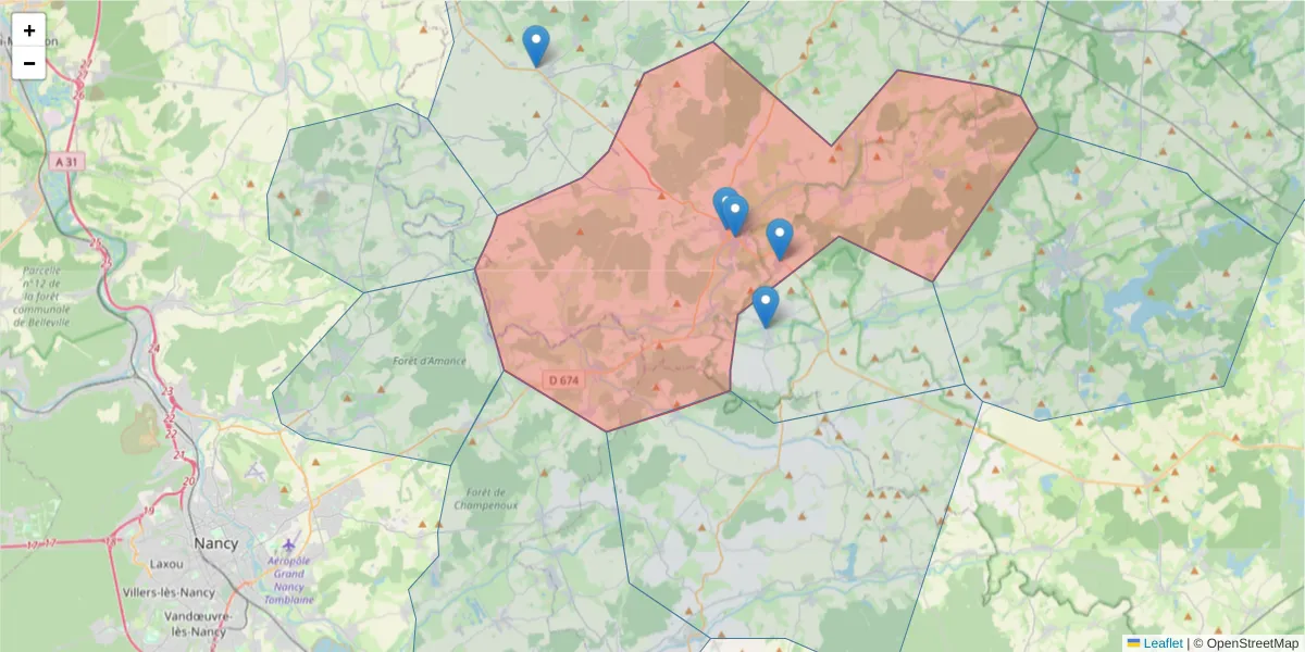 Carte de la zone du code postal  et des codes postaux voisins en France