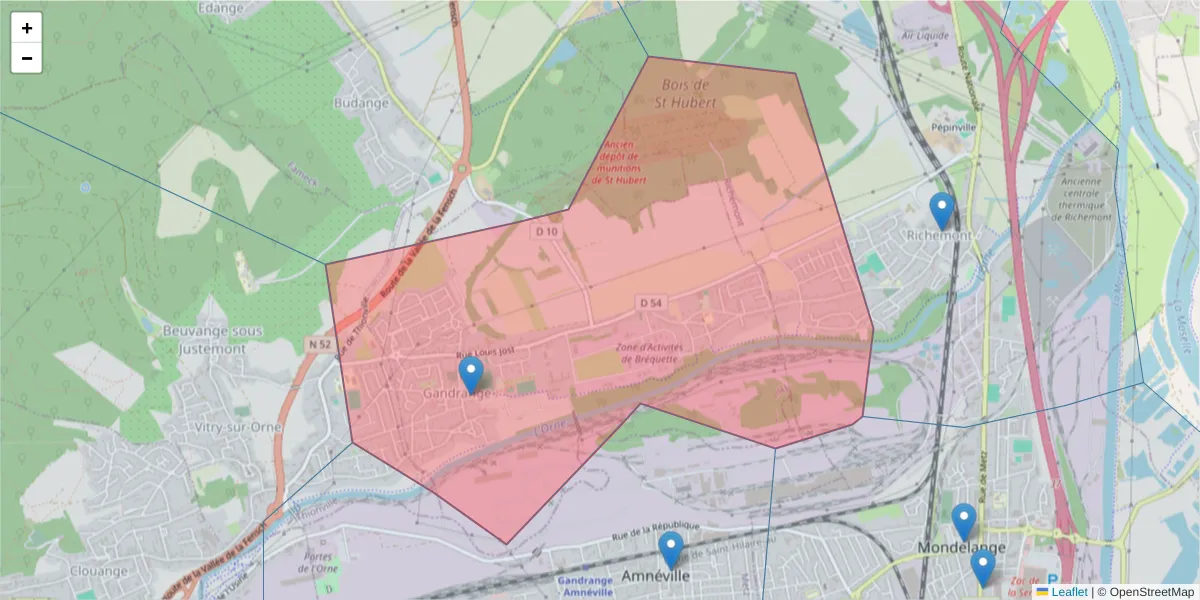 Carte de la zone du code postal  et des codes postaux voisins en France