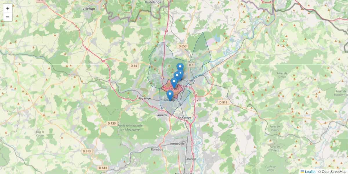 Carte de la zone du code postal  et des codes postaux voisins en France