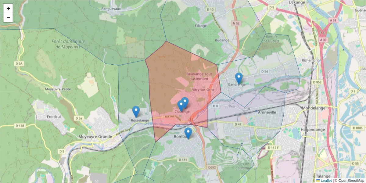 Carte de la zone du code postal  et des codes postaux voisins en France