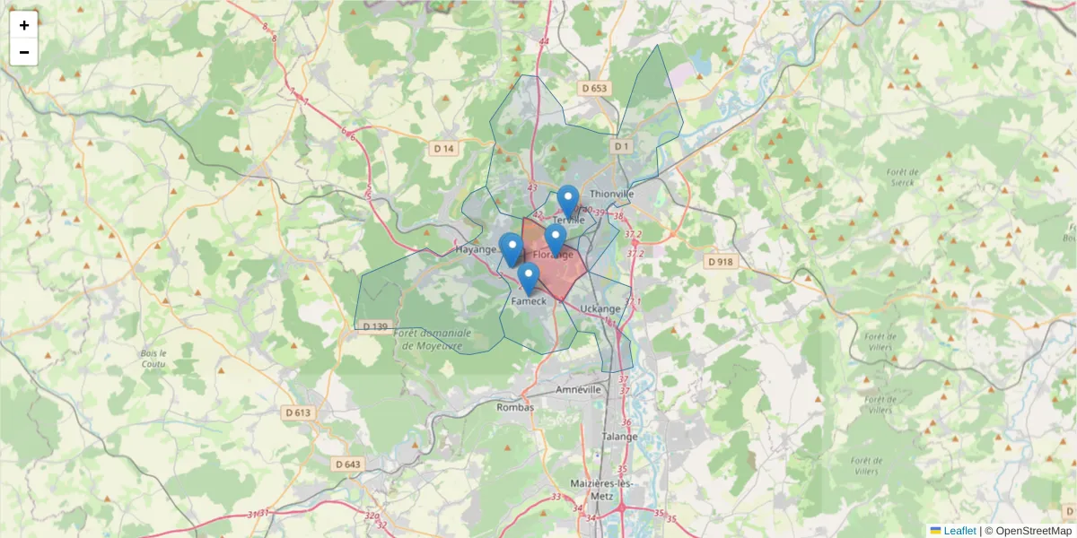 Carte de la zone du code postal  et des codes postaux voisins en France
