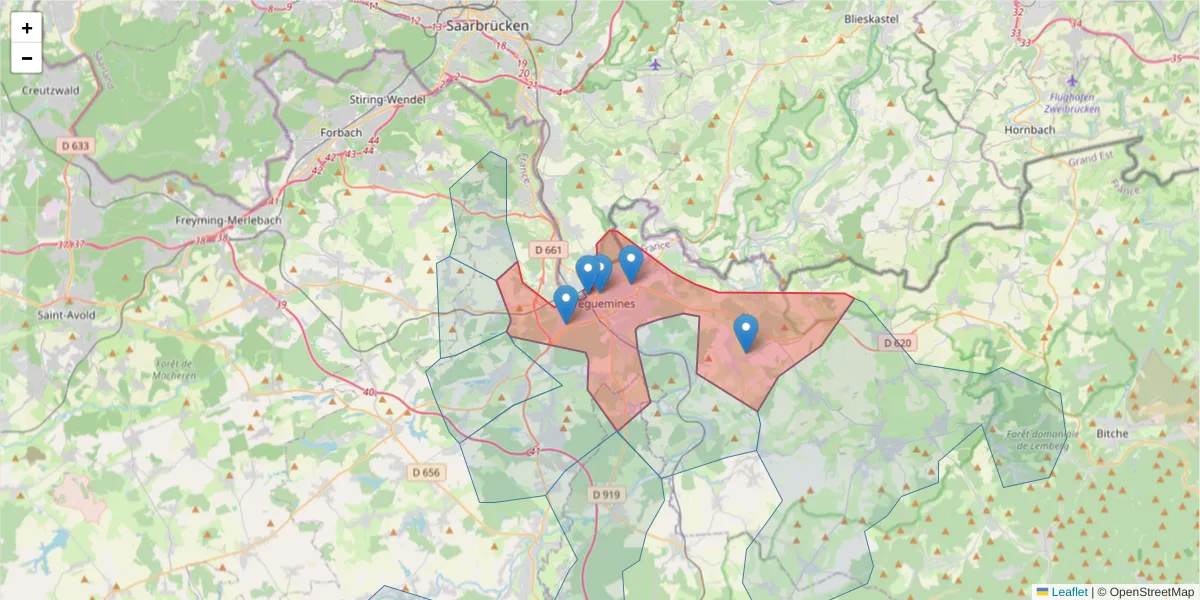 Carte de la zone du code postal  et des codes postaux voisins en France