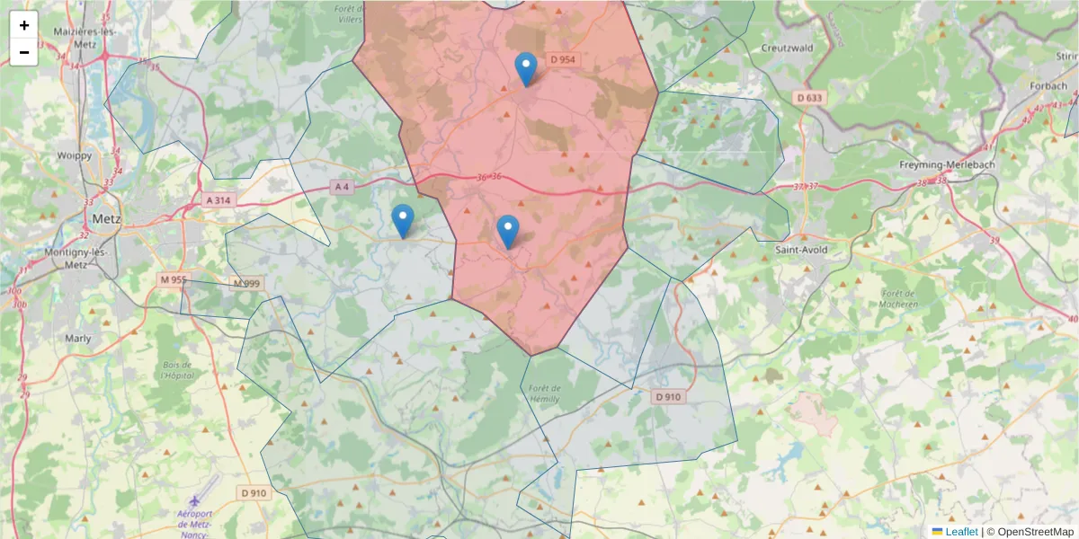 Carte de la zone du code postal  et des codes postaux voisins en France