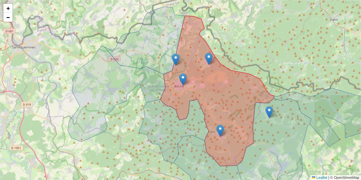 Carte de la zone du code postal  et des codes postaux voisins en France