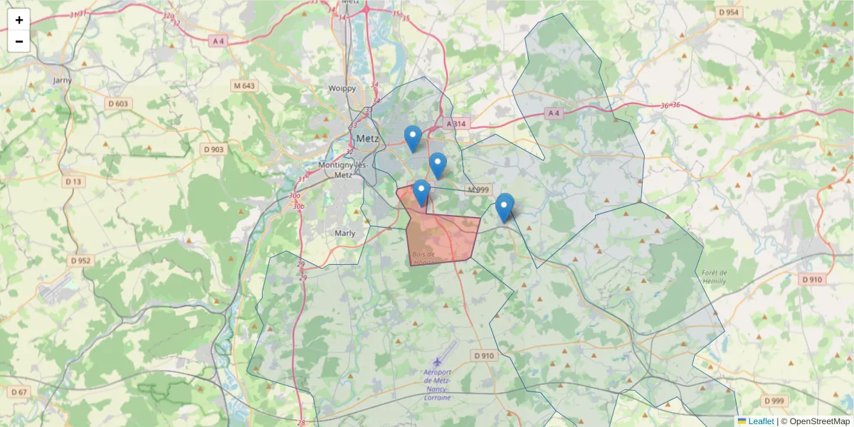 Carte de la zone du code postal  et des codes postaux voisins en France