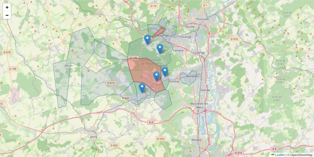 Carte de la zone du code postal  et des codes postaux voisins en France