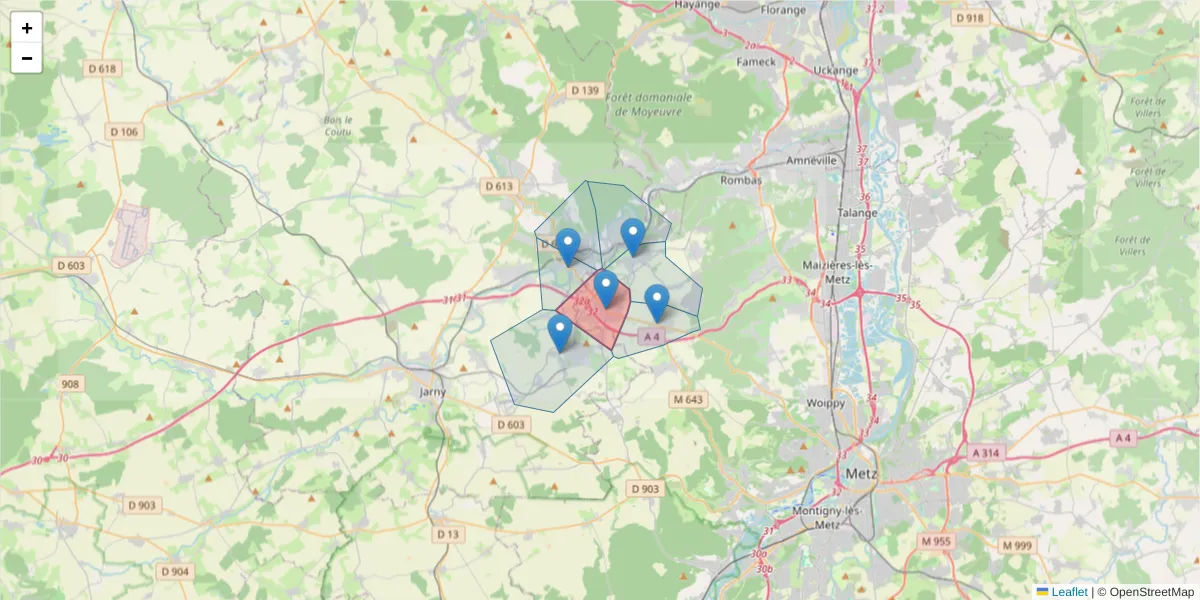 Carte de la zone du code postal  et des codes postaux voisins en France