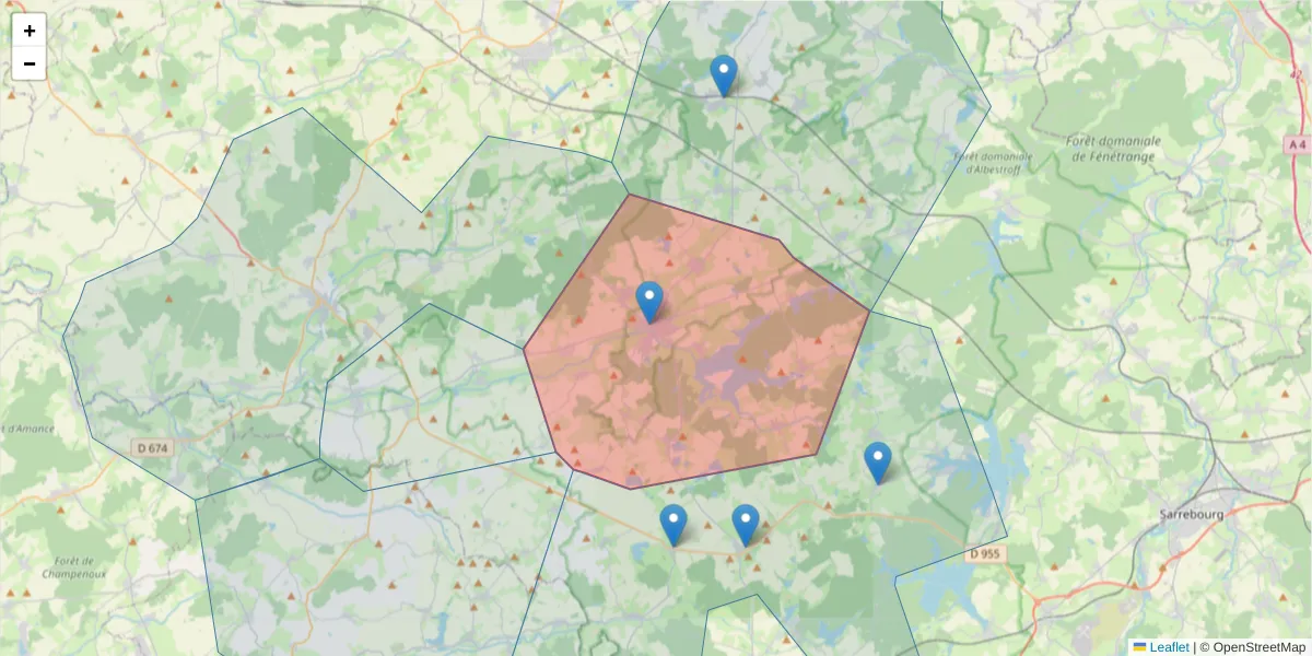 Carte de la zone du code postal  et des codes postaux voisins en France