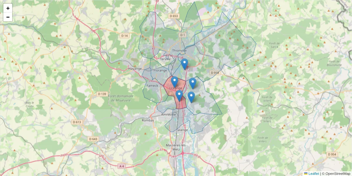 Carte de la zone du code postal  et des codes postaux voisins en France