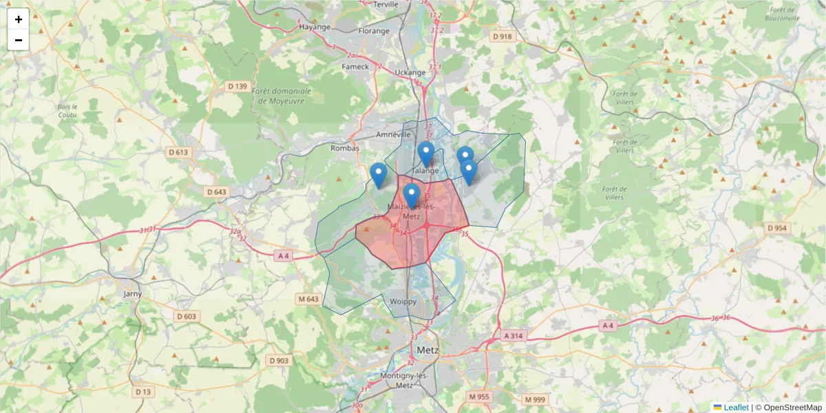 Carte de la zone du code postal  et des codes postaux voisins en France