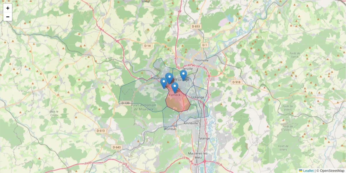 Carte de la zone du code postal  et des codes postaux voisins en France