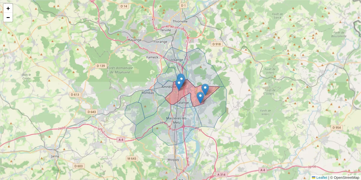 Carte de la zone du code postal  et des codes postaux voisins en France