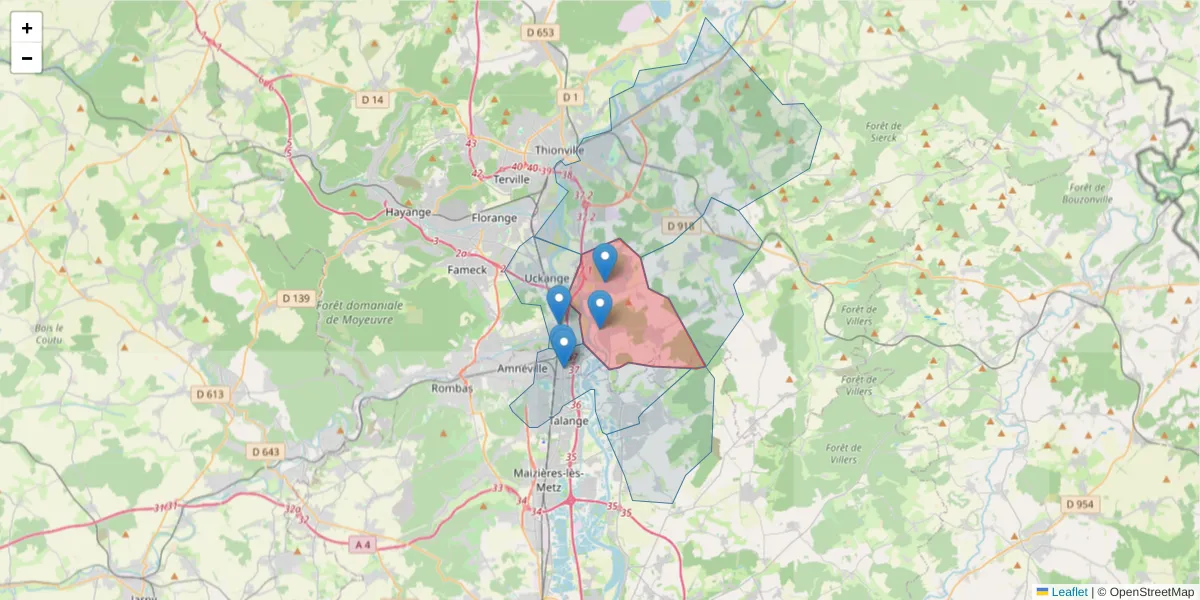 Carte de la zone du code postal  et des codes postaux voisins en France