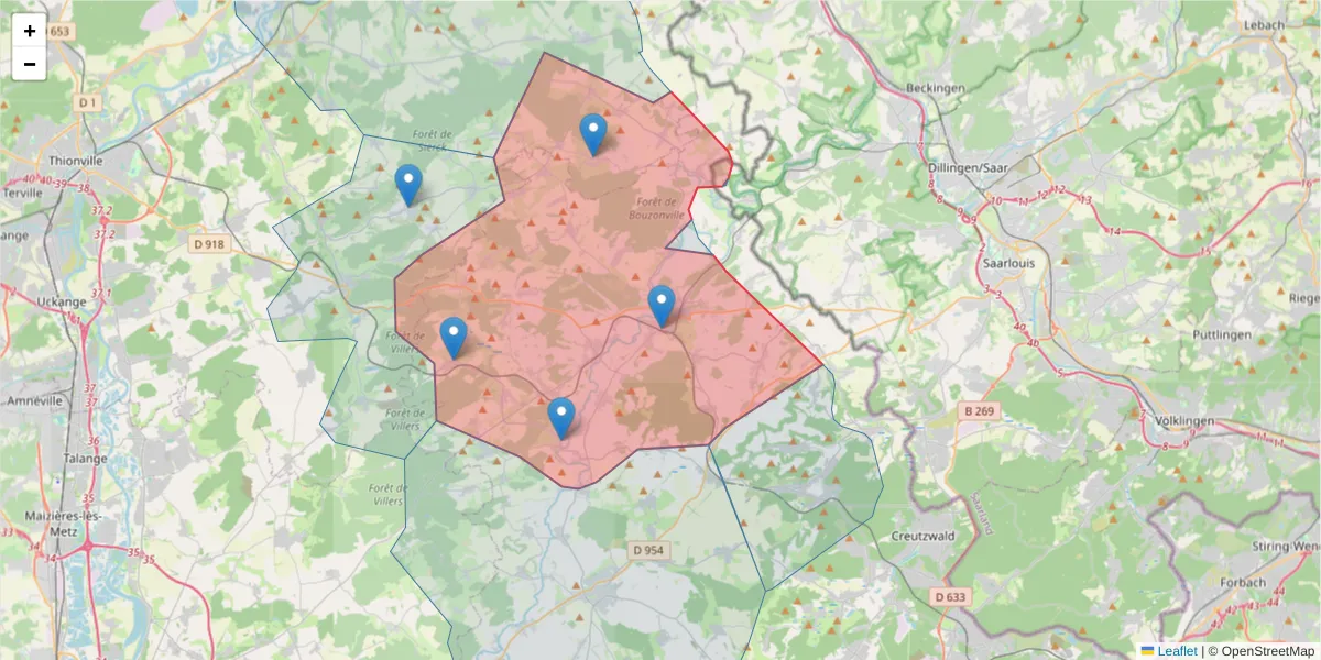 Carte de la zone du code postal  et des codes postaux voisins en France