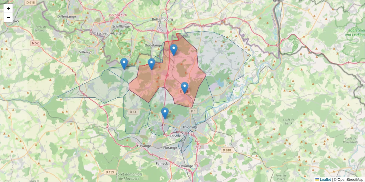 Carte de la zone du code postal  et des codes postaux voisins en France