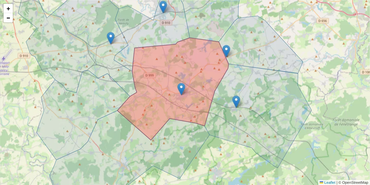 Carte de la zone du code postal  et des codes postaux voisins en France