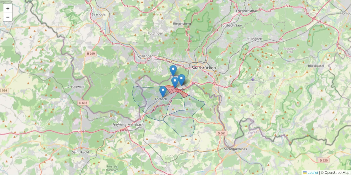 Carte de la zone du code postal  et des codes postaux voisins en France