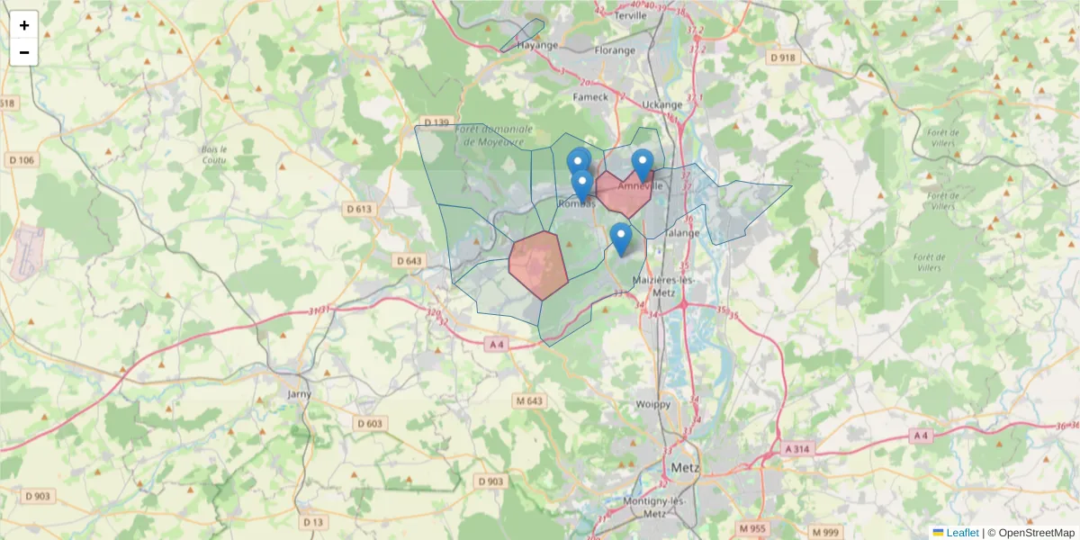 Carte de la zone du code postal  et des codes postaux voisins en France