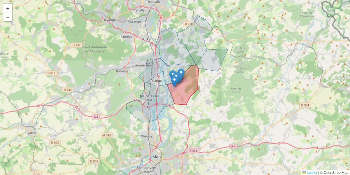 Carte de la zone du code postal  et des codes postaux voisins en France