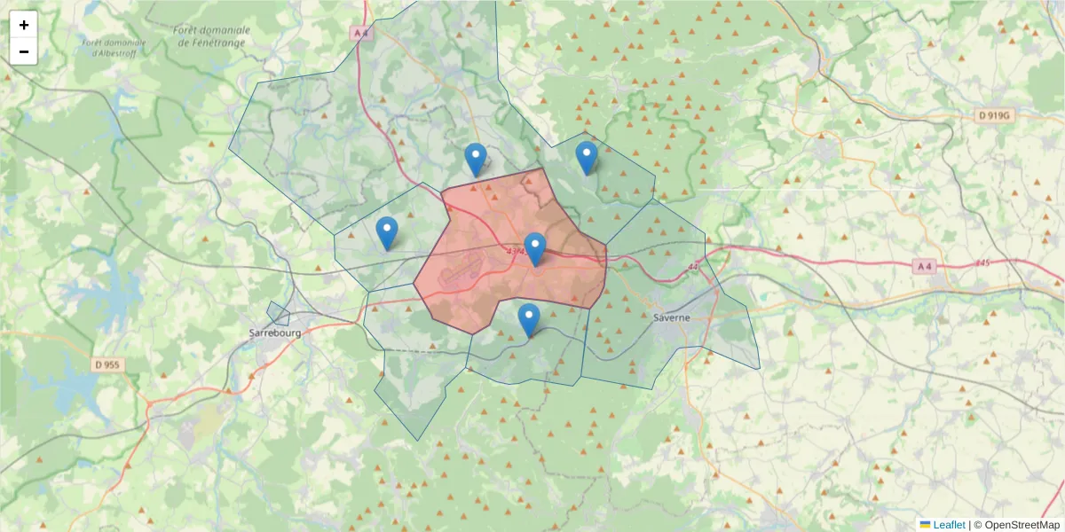Carte de la zone du code postal  et des codes postaux voisins en France