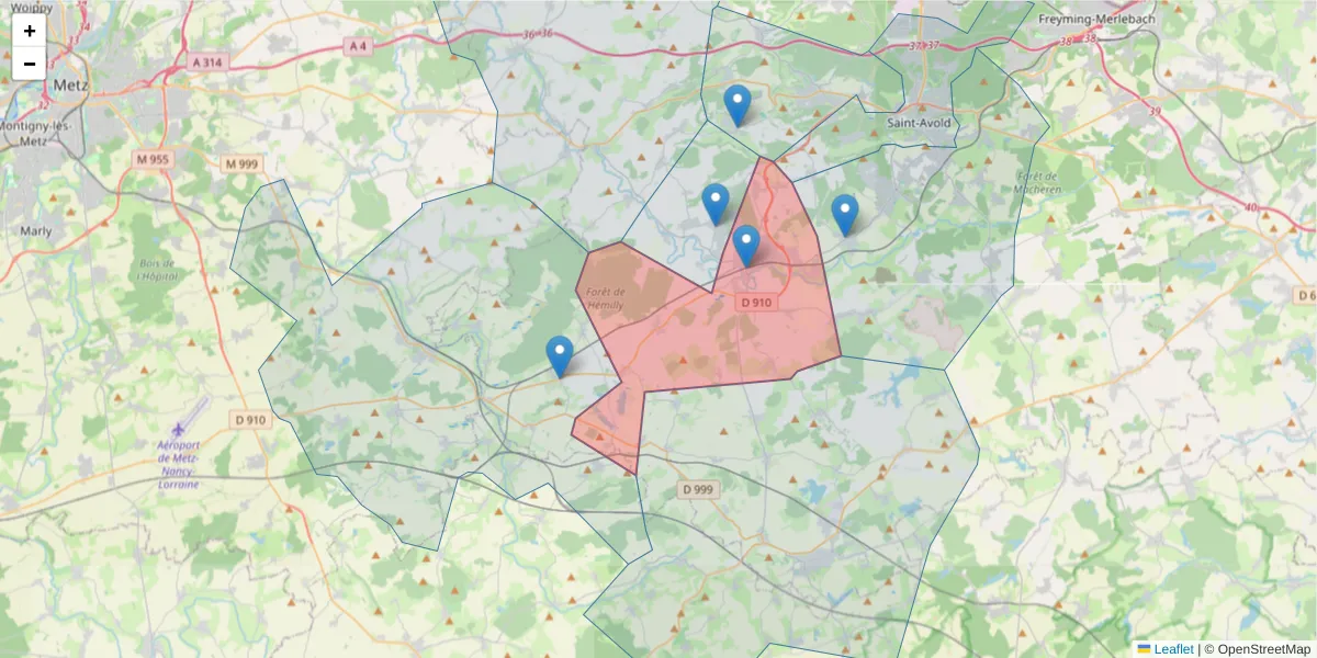 Carte de la zone du code postal  et des codes postaux voisins en France