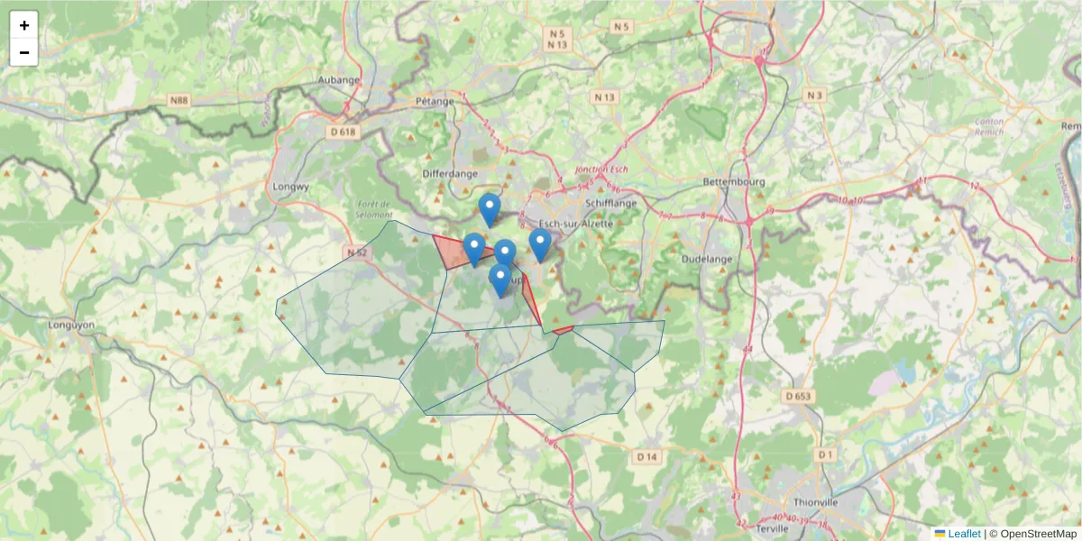 Carte de la zone du code postal  et des codes postaux voisins en France