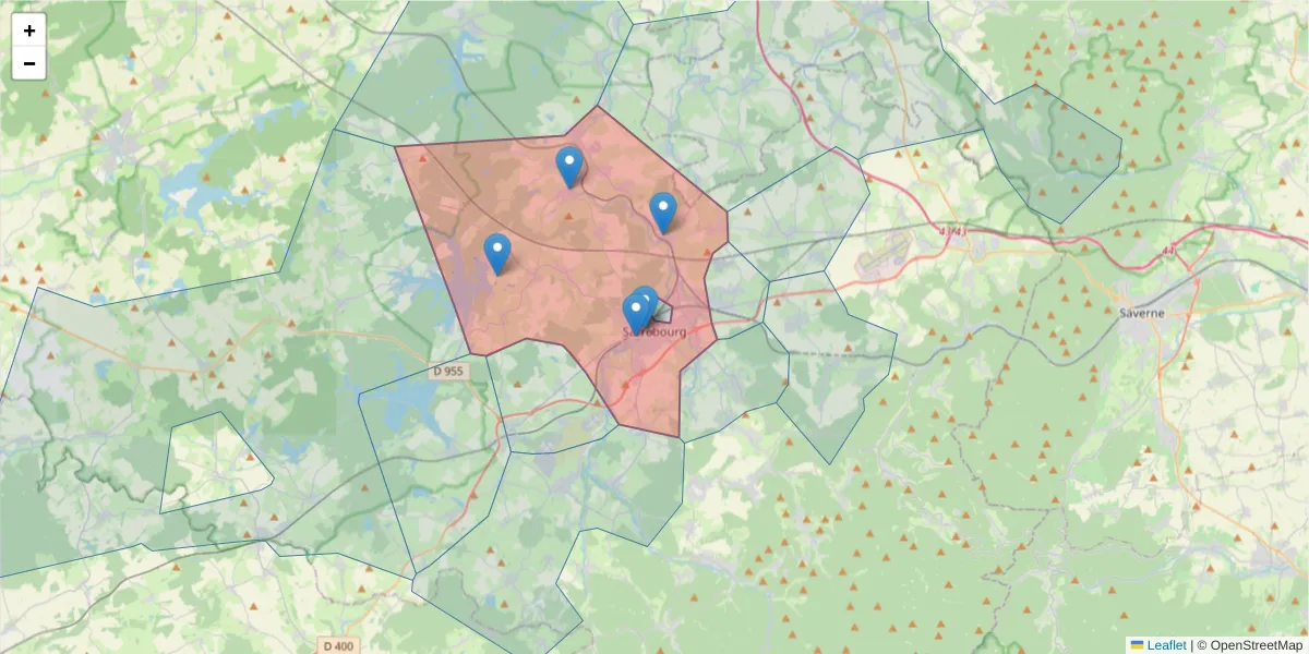 Carte de la zone du code postal  et des codes postaux voisins en France