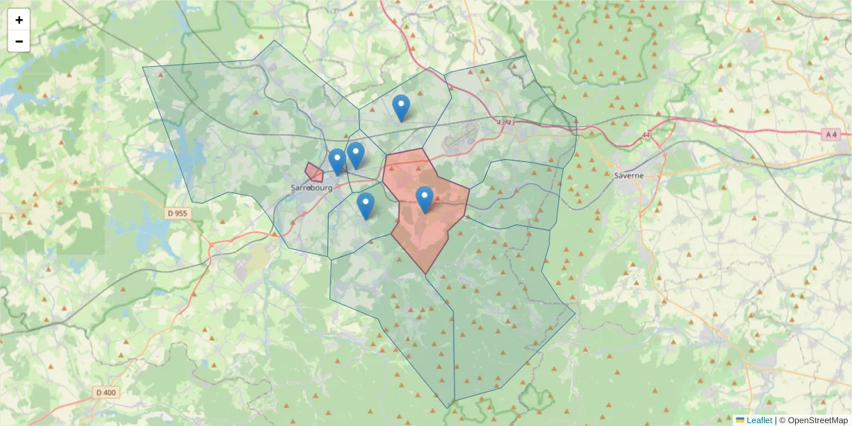 Carte de la zone du code postal  et des codes postaux voisins en France