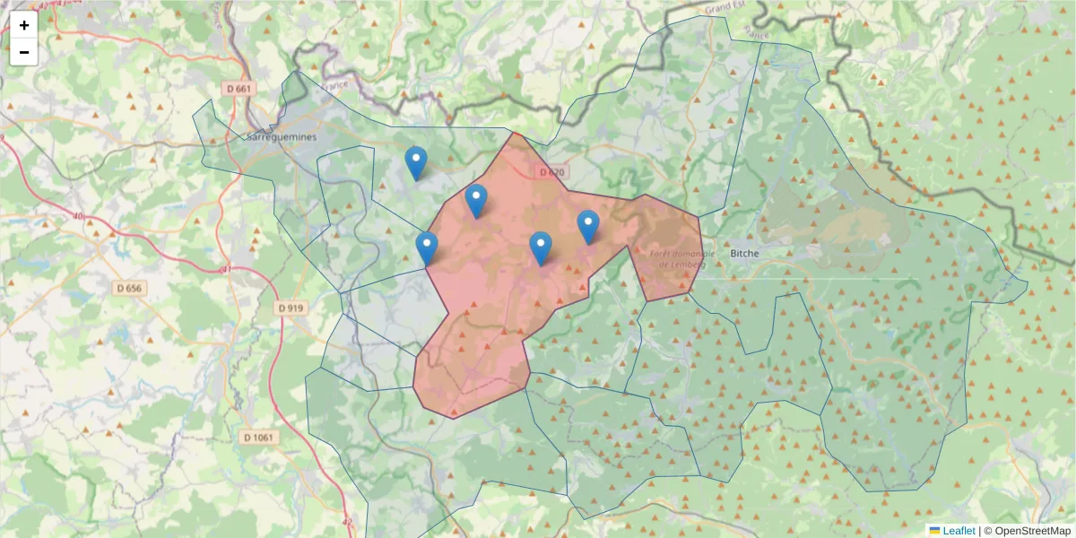 Carte de la zone du code postal  et des codes postaux voisins en France