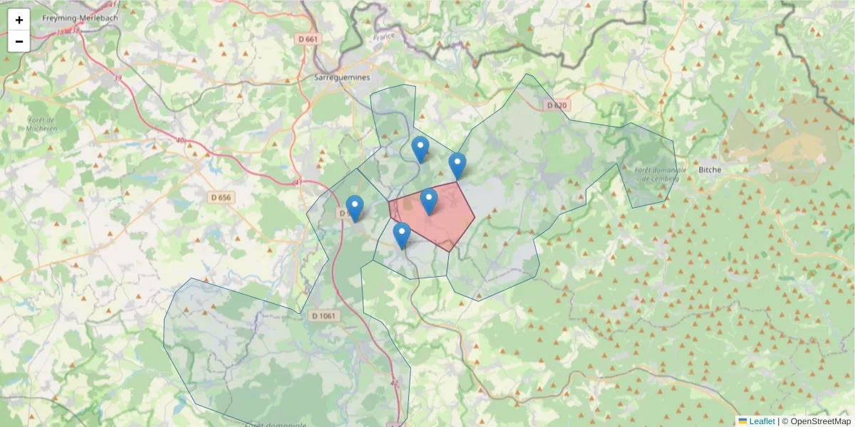 Carte de la zone du code postal  et des codes postaux voisins en France
