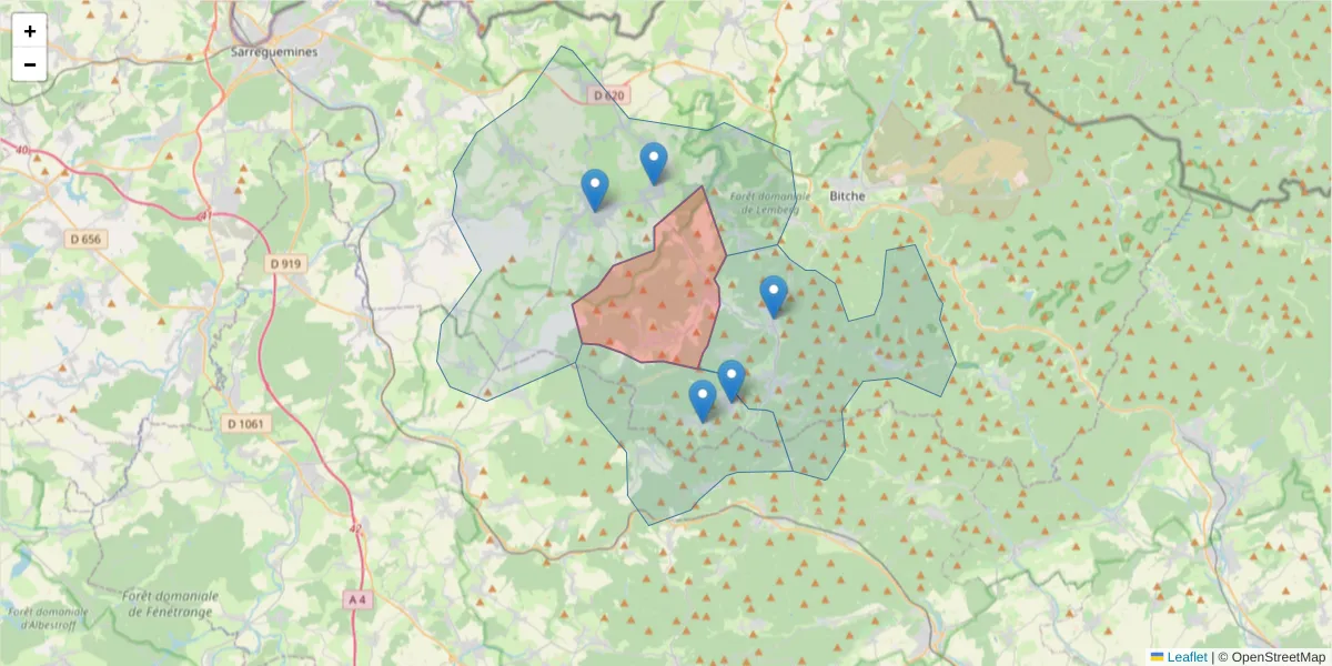 Carte de la zone du code postal  et des codes postaux voisins en France