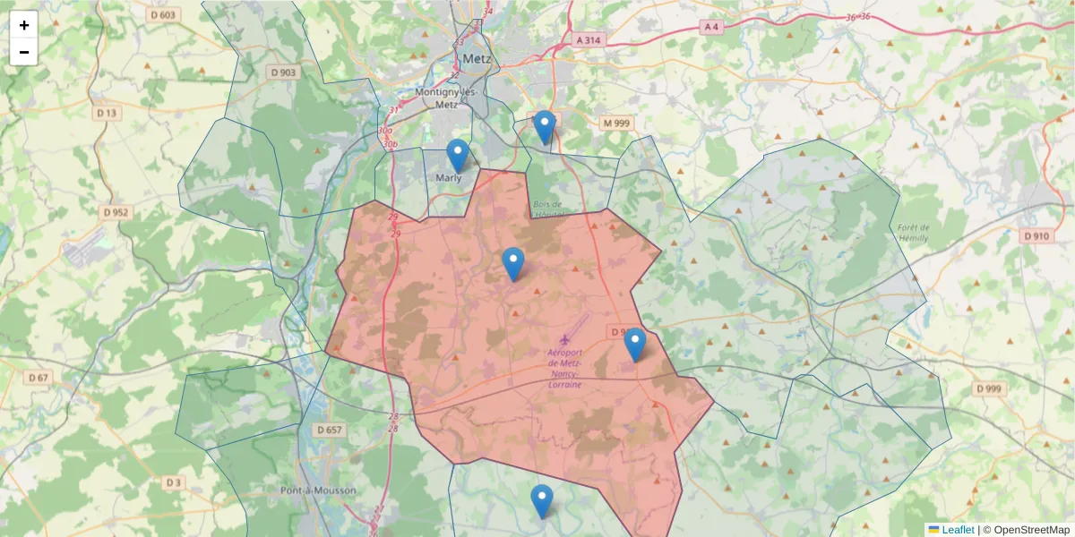 Carte de la zone du code postal  et des codes postaux voisins en France