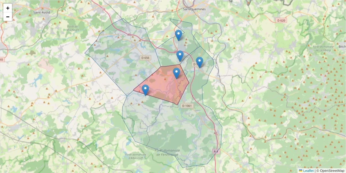 Carte de la zone du code postal  et des codes postaux voisins en France