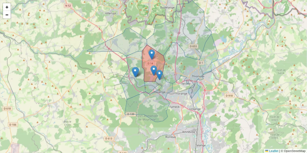 Carte de la zone du code postal  et des codes postaux voisins en France